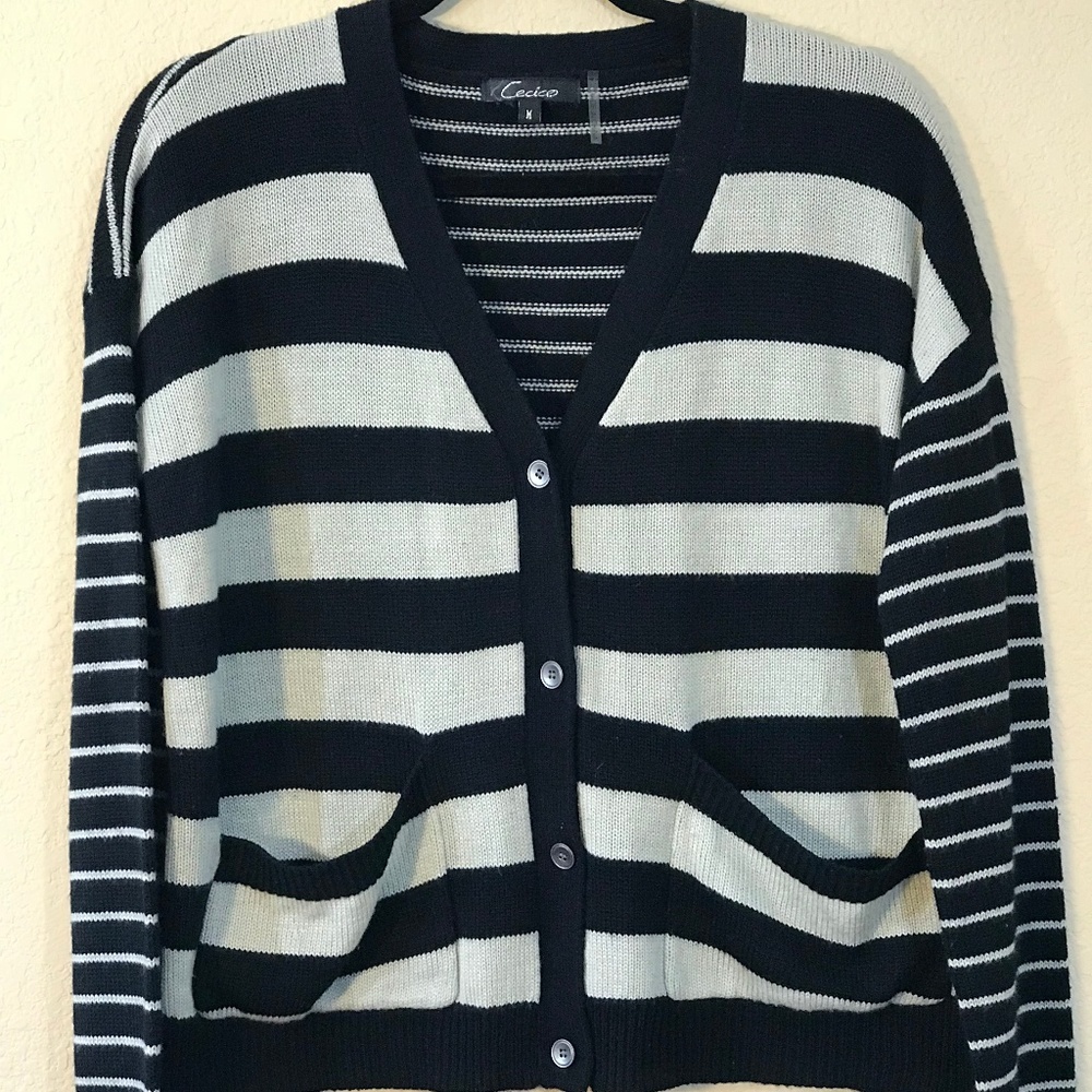 Cecico Black & Cream Striped Pockets Long Sleeve Grandpacore Cardigan